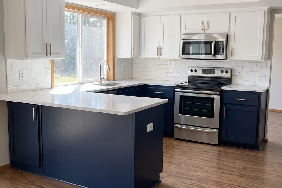 AI design concept of the same kitchen: white upper cabinets, navy lower cabinets and peninsula, white quartz counters and subway tile